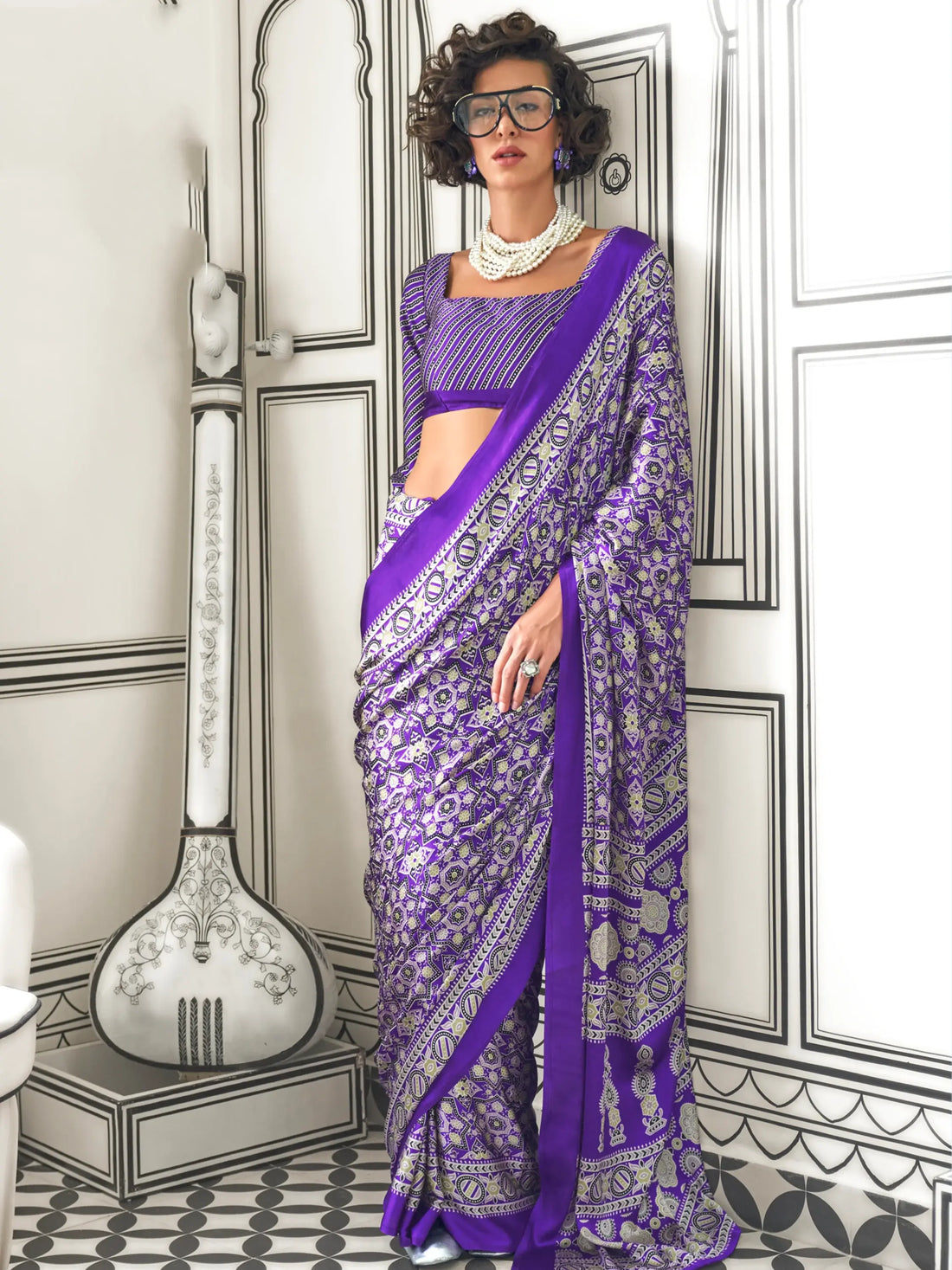 Astonishing Violet Printed Satin Festival Wear Saree With Blouse - Zeel Clothing