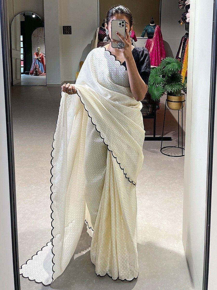 Astonishing White Arca Work Gadhawal Chex Festival Wear Saree - Zeel Clothing