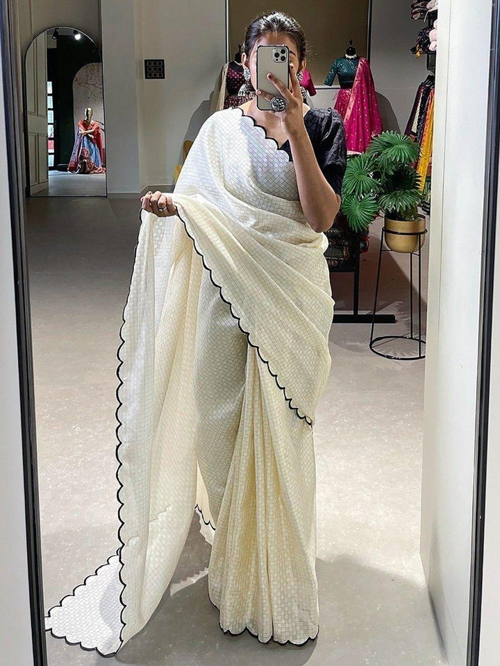 Astonishing White Arca Work Gadhawal Chex Festival Wear Saree - Zeel Clothing