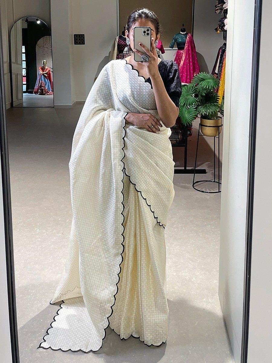 Astonishing White Arca Work Gadhawal Chex Festival Wear Saree - Zeel Clothing