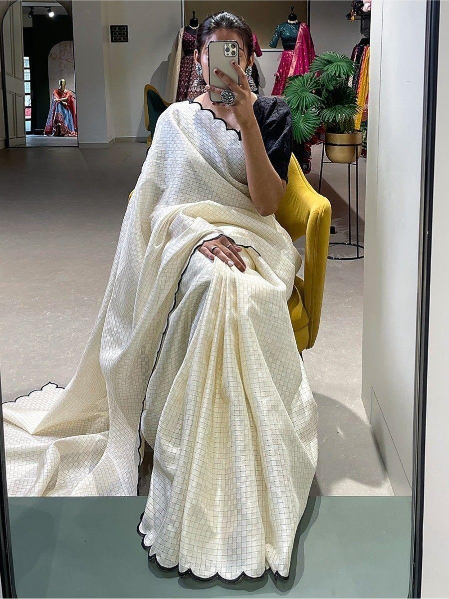 Astonishing White Arca Work Gadhawal Chex Festival Wear Saree - Zeel Clothing