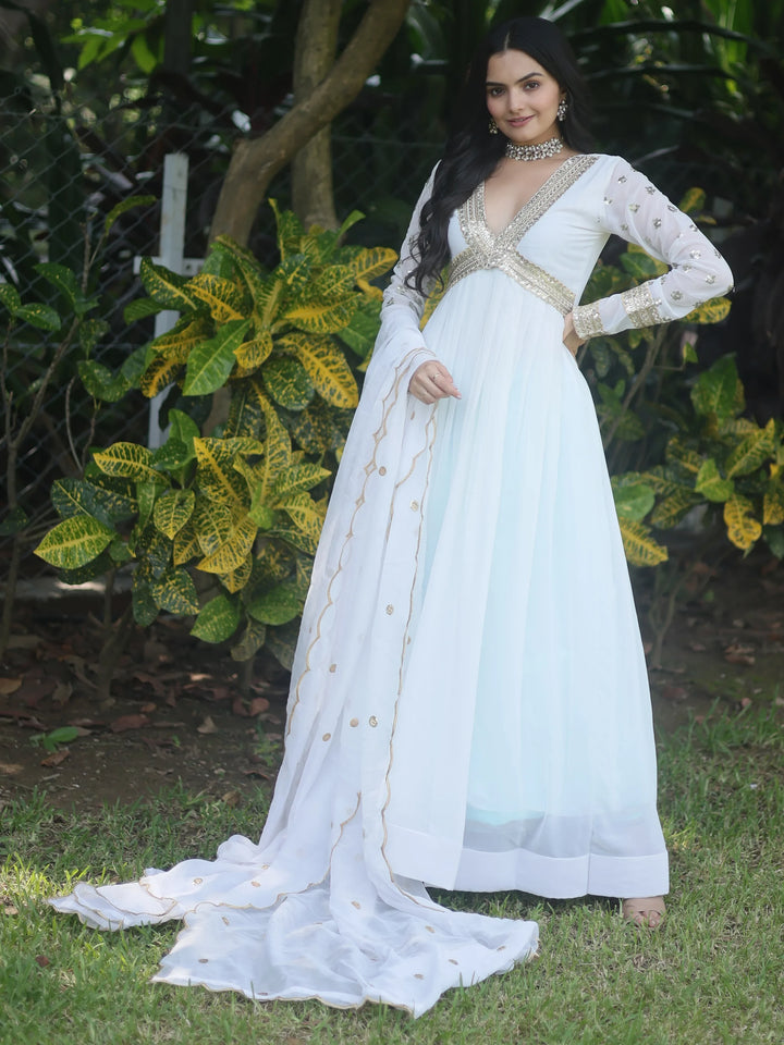 Astonishing White Embroidered Georgette Gown With Dupatta