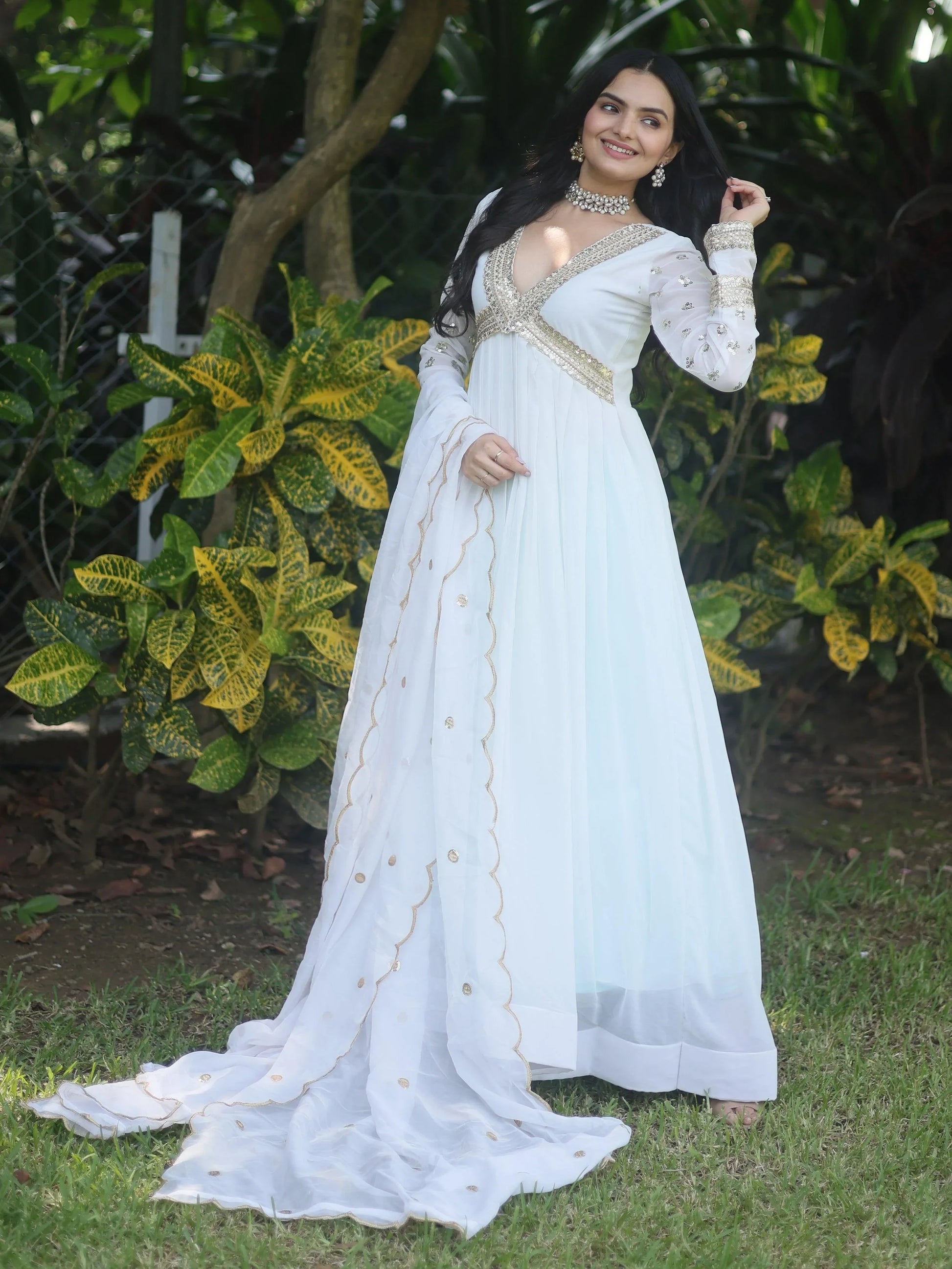Astonishing White Embroidered Georgette Gown With Dupatta