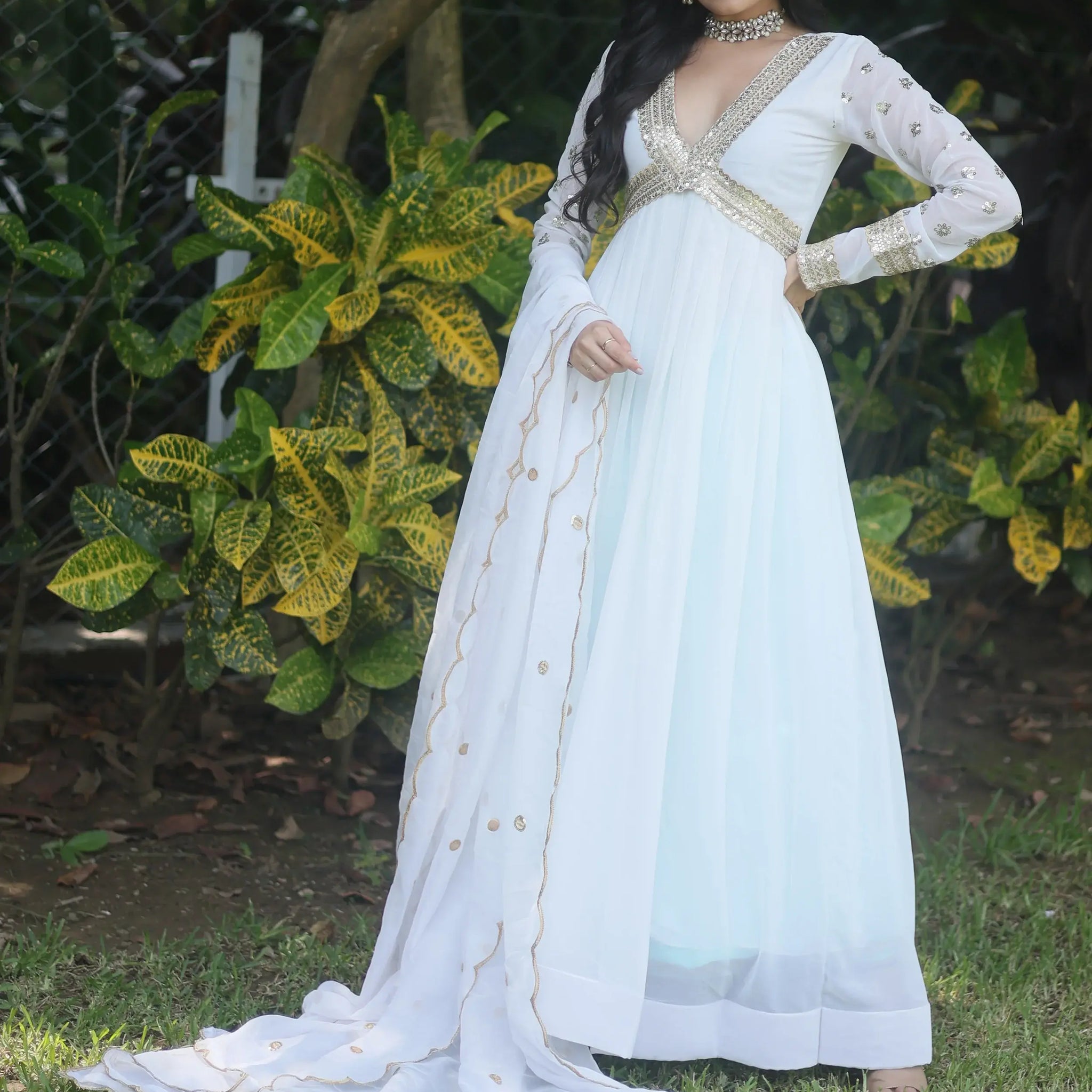 Astonishing White Embroidered Georgette Gown With Dupatta - Zeel Clothing