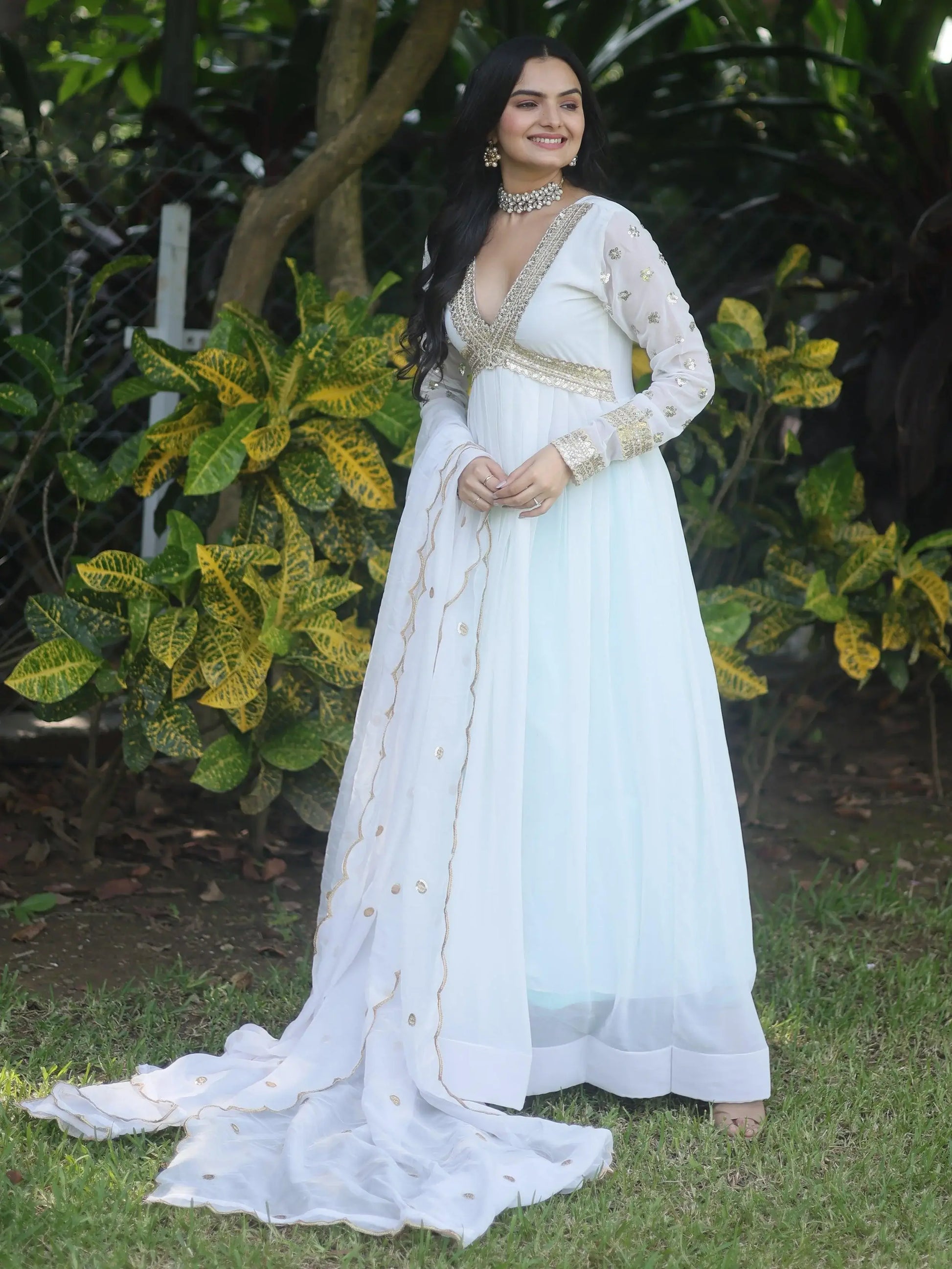 Astonishing White Embroidered Georgette Gown With Dupatta - Zeel Clothing