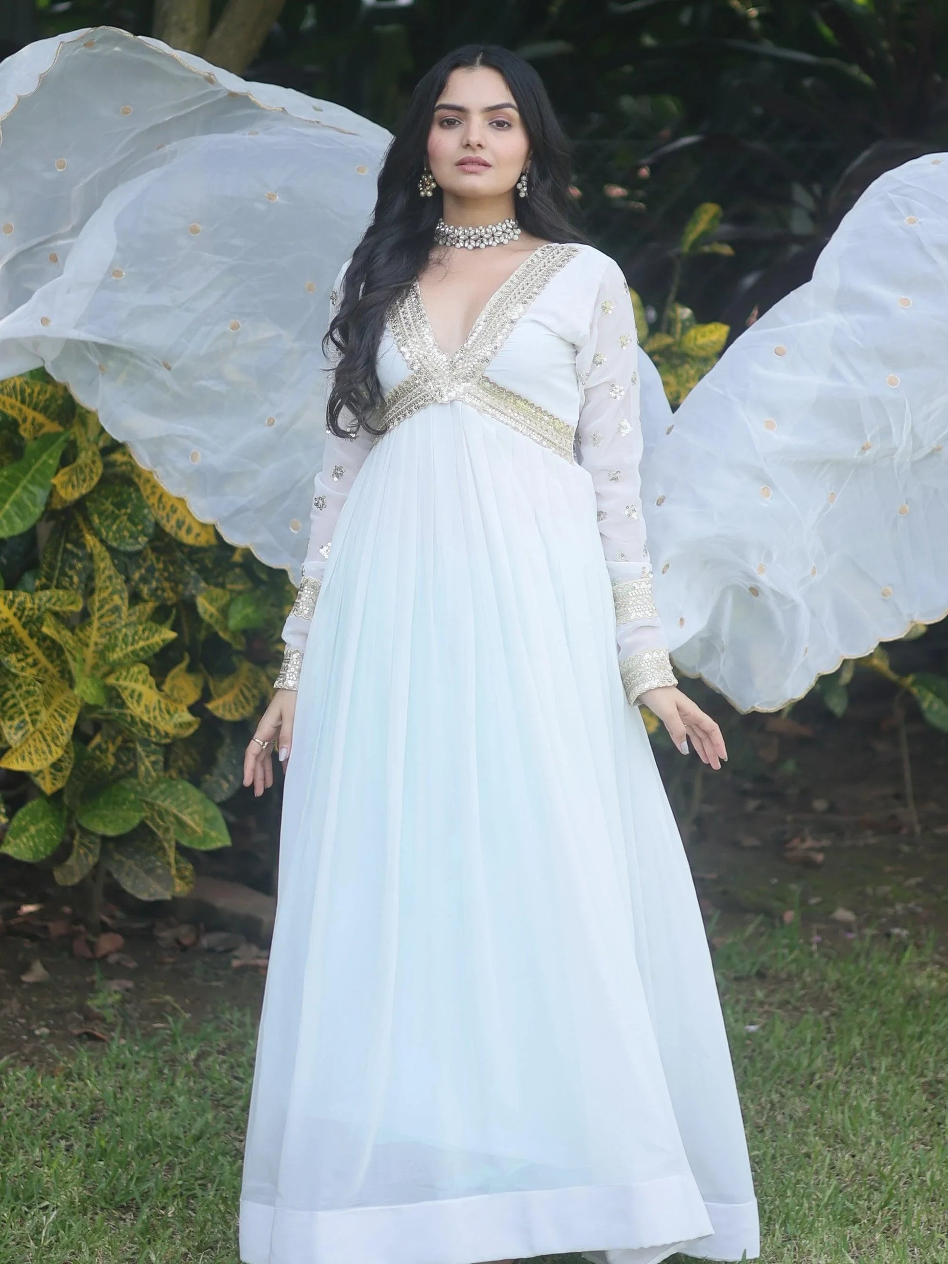 Astonishing White Embroidered Georgette Gown With Dupatta