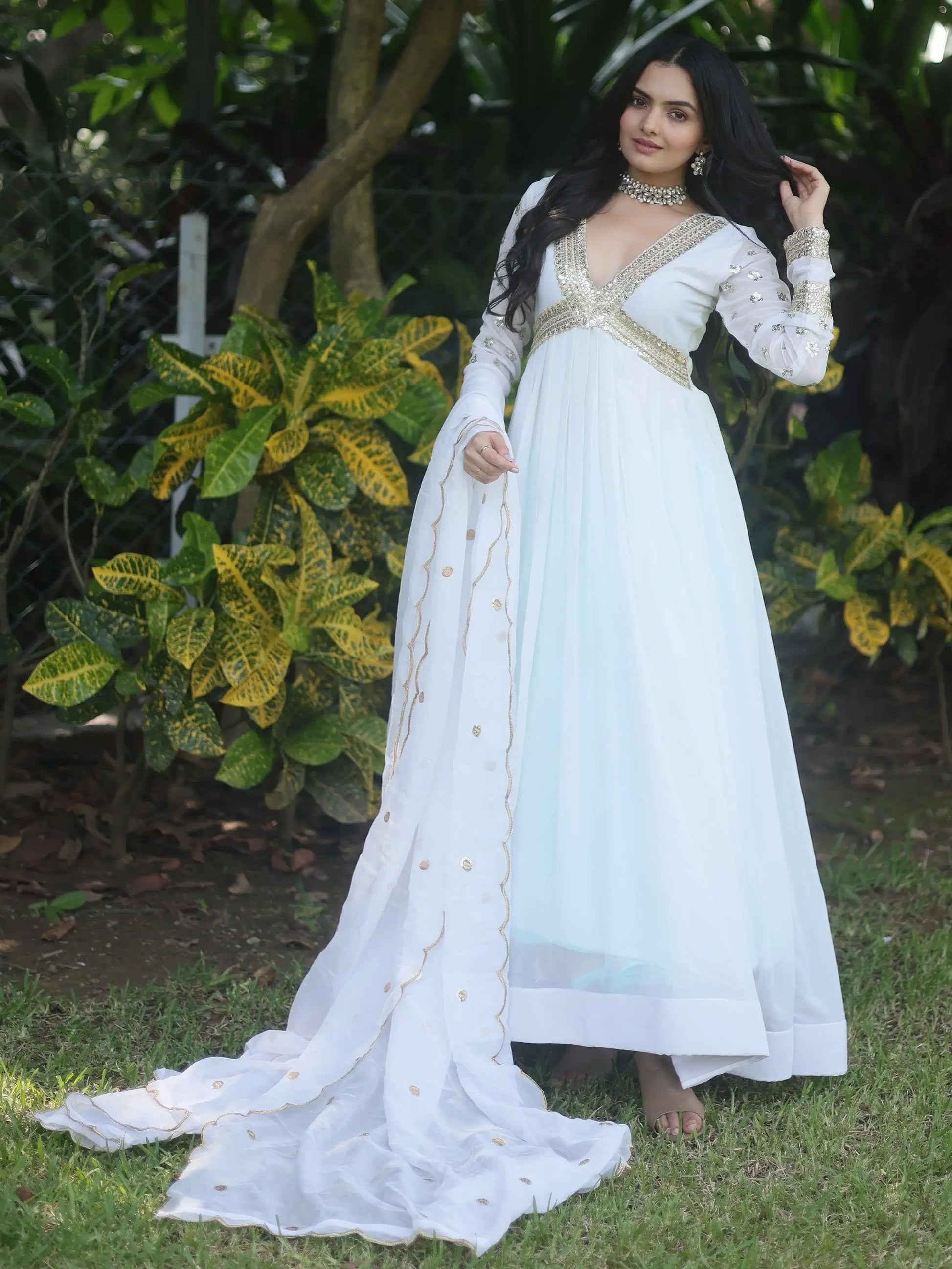 Astonishing White Embroidered Georgette Gown With Dupatta - Zeel Clothing