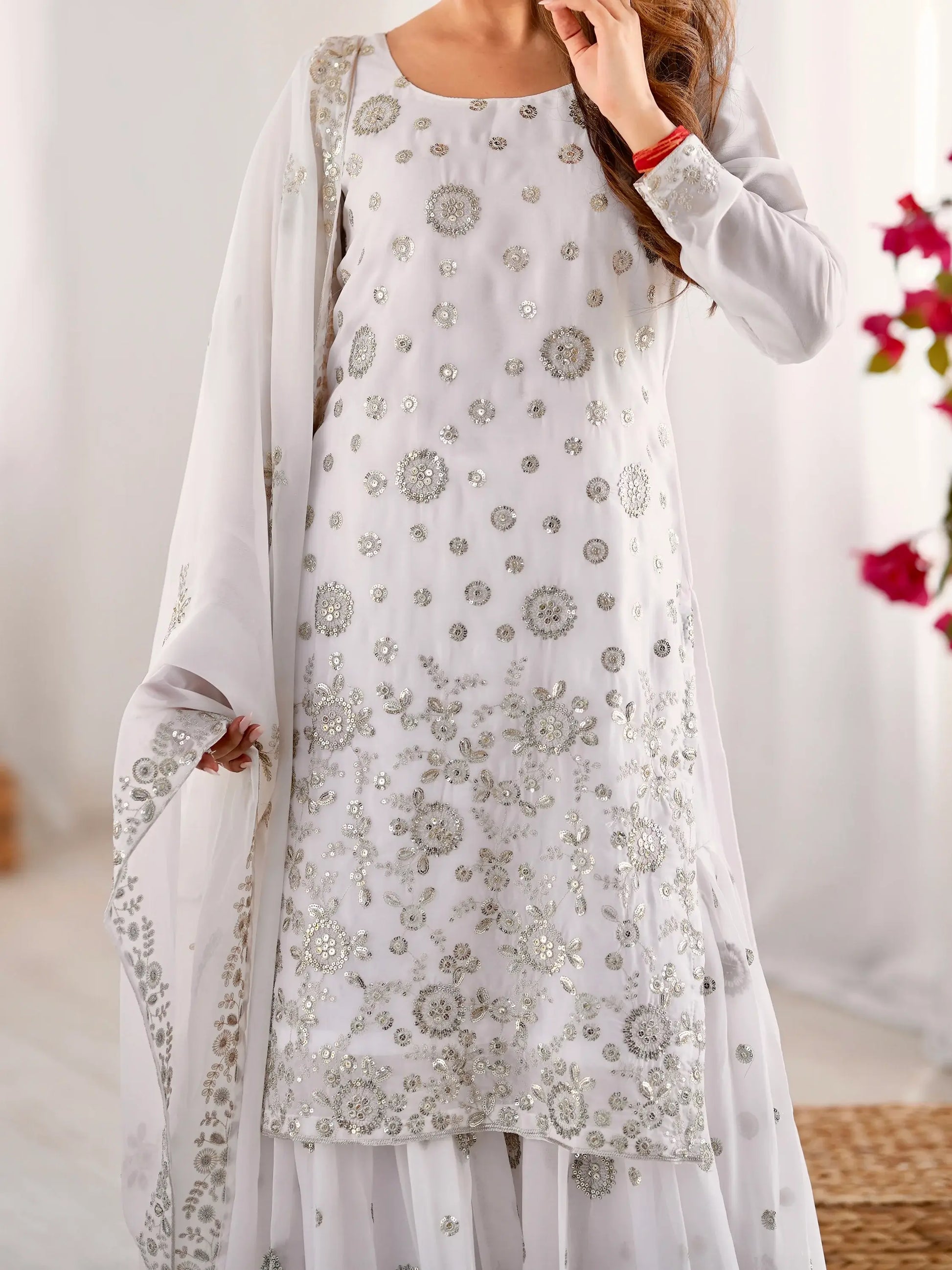 Astonishing White Sequins Georgette Festival Wear Sharara Suit - Zeel Clothing