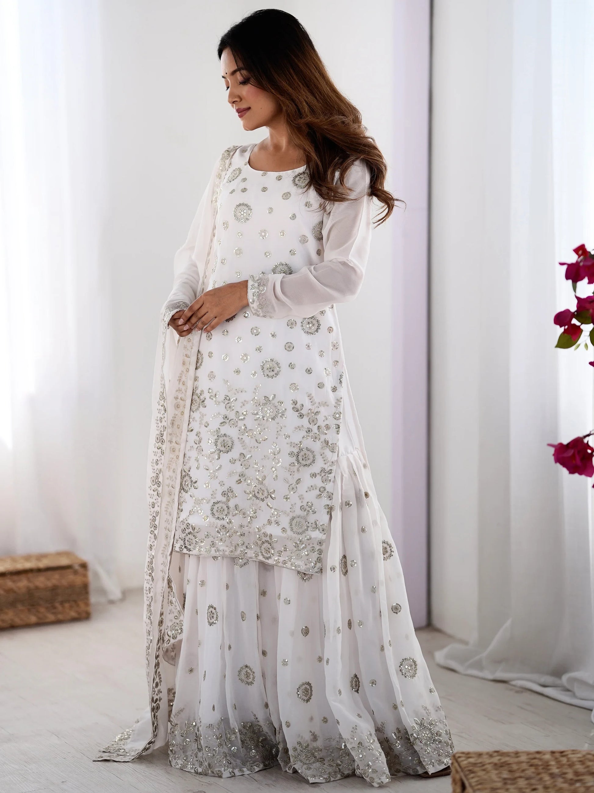 Astonishing White Sequins Georgette Festival Wear Sharara Suit - Zeel Clothing