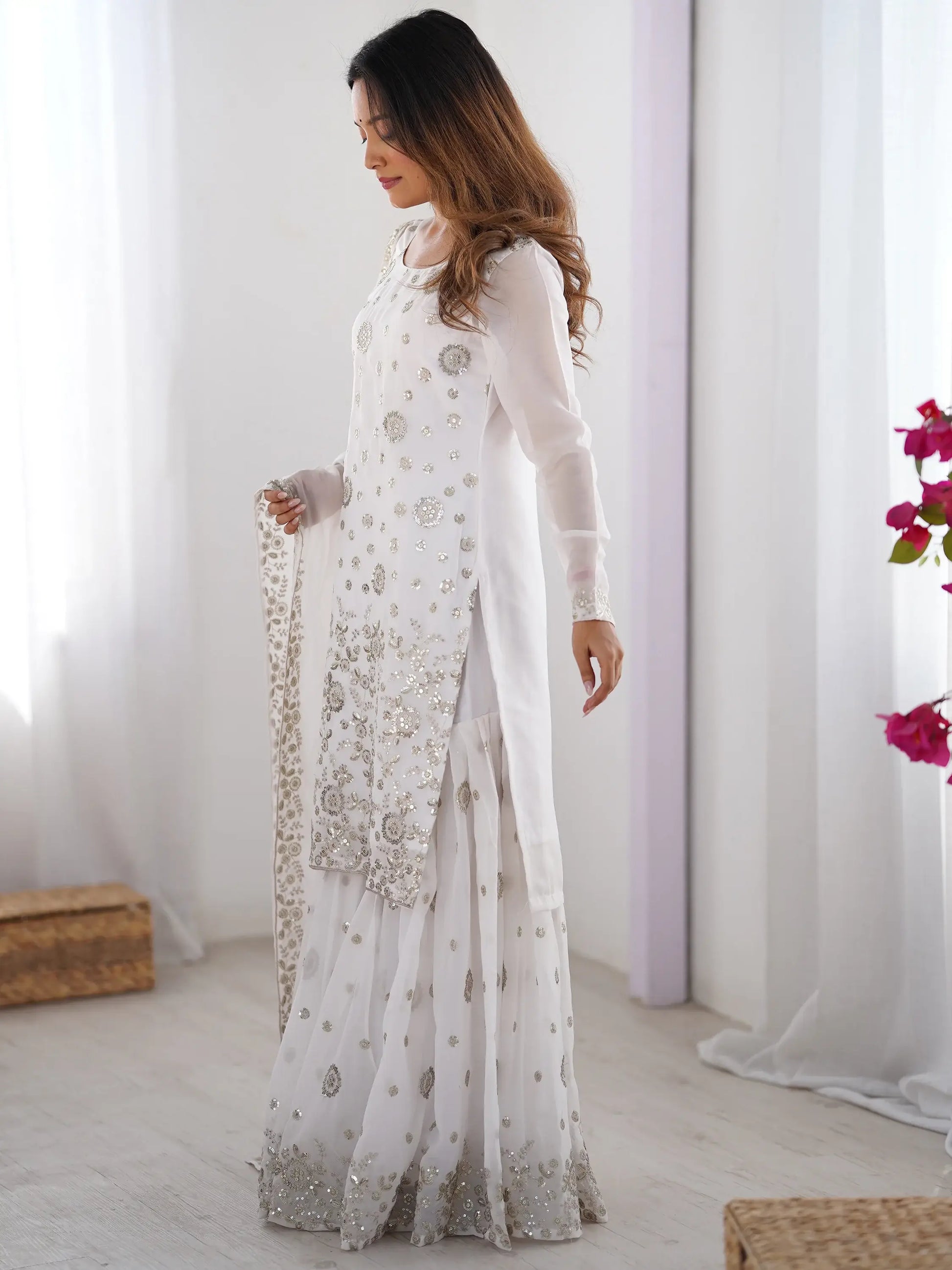 Astonishing White Sequins Georgette Festival Wear Sharara Suit - Zeel Clothing