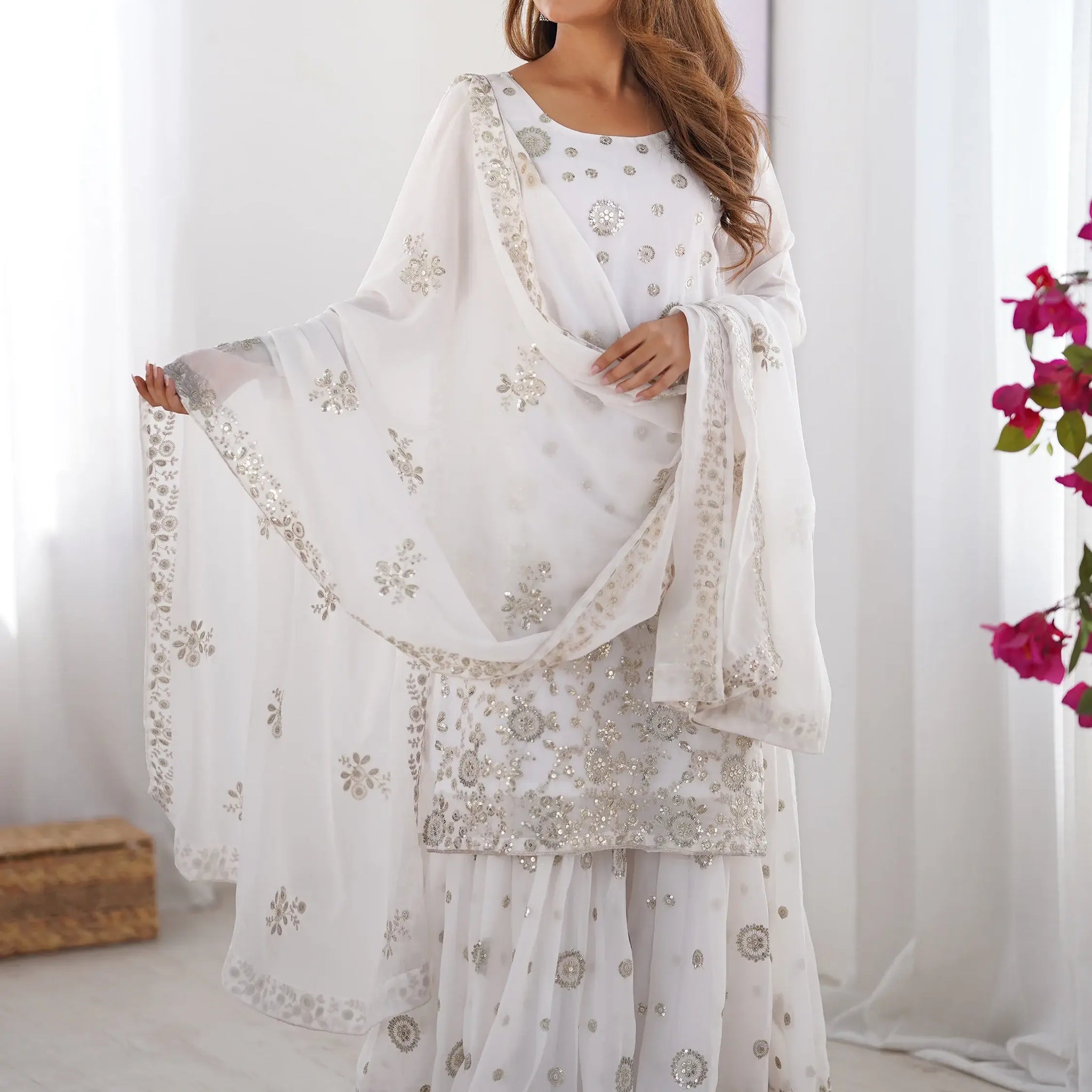 Astonishing White Sequins Georgette Festival Wear Sharara Suit - Zeel Clothing