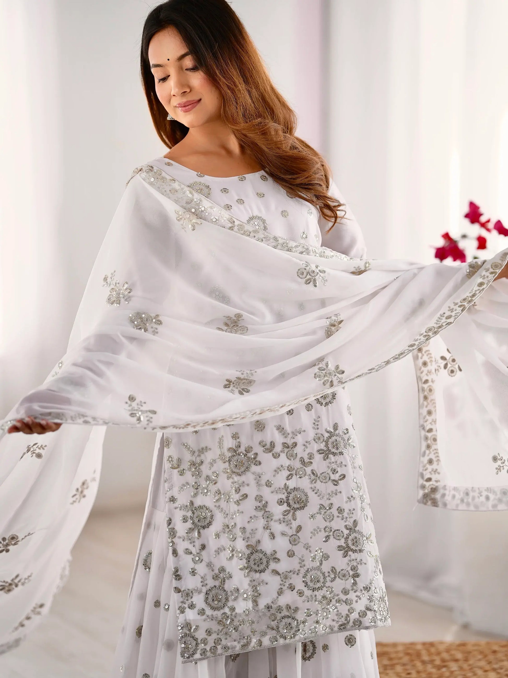 Astonishing White Sequins Georgette Festival Wear Sharara Suit - Zeel Clothing