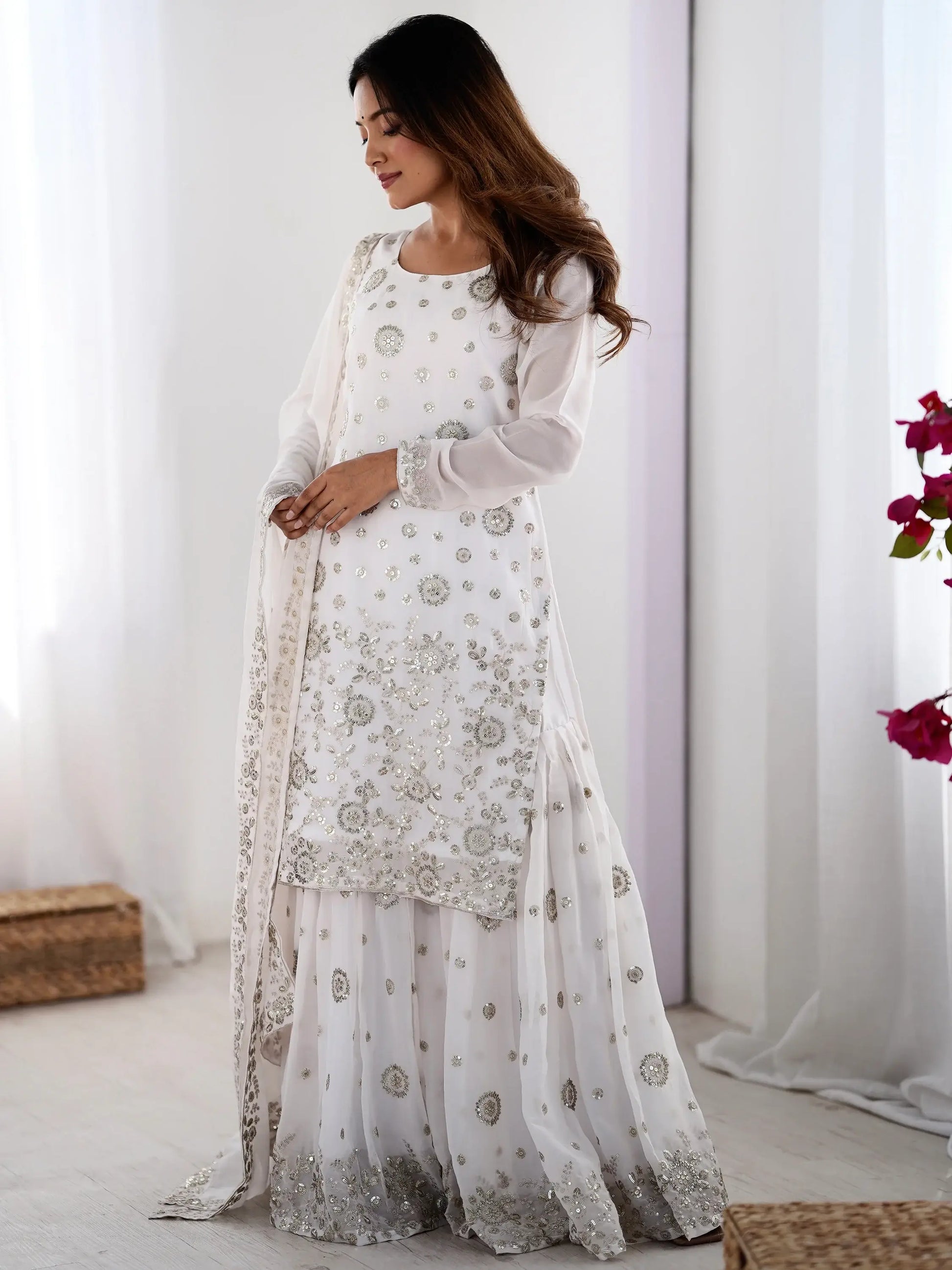 Astonishing White Sequins Georgette Festival Wear Sharara Suit - Zeel Clothing