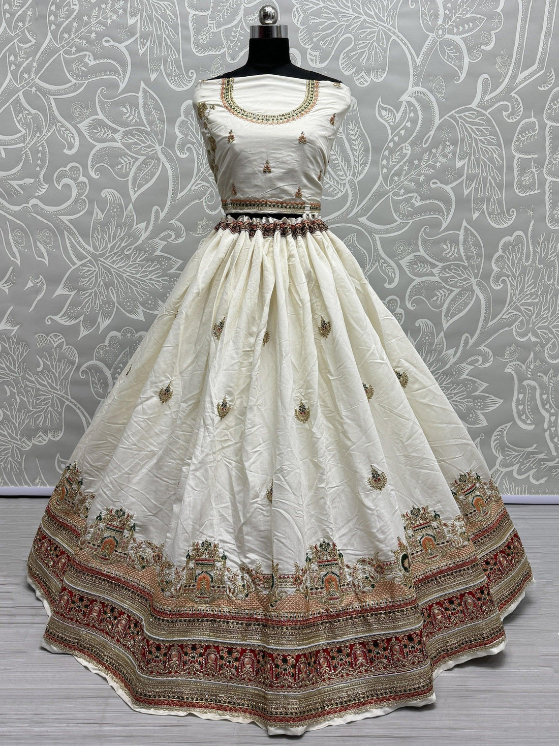 Astonishing White Thread-Work Silk Lehenga Choli With Dupatta