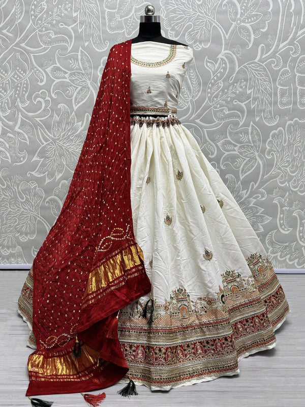 Astonishing White Thread-Work Silk Lehenga Choli With Dupatta - Zeel Clothing