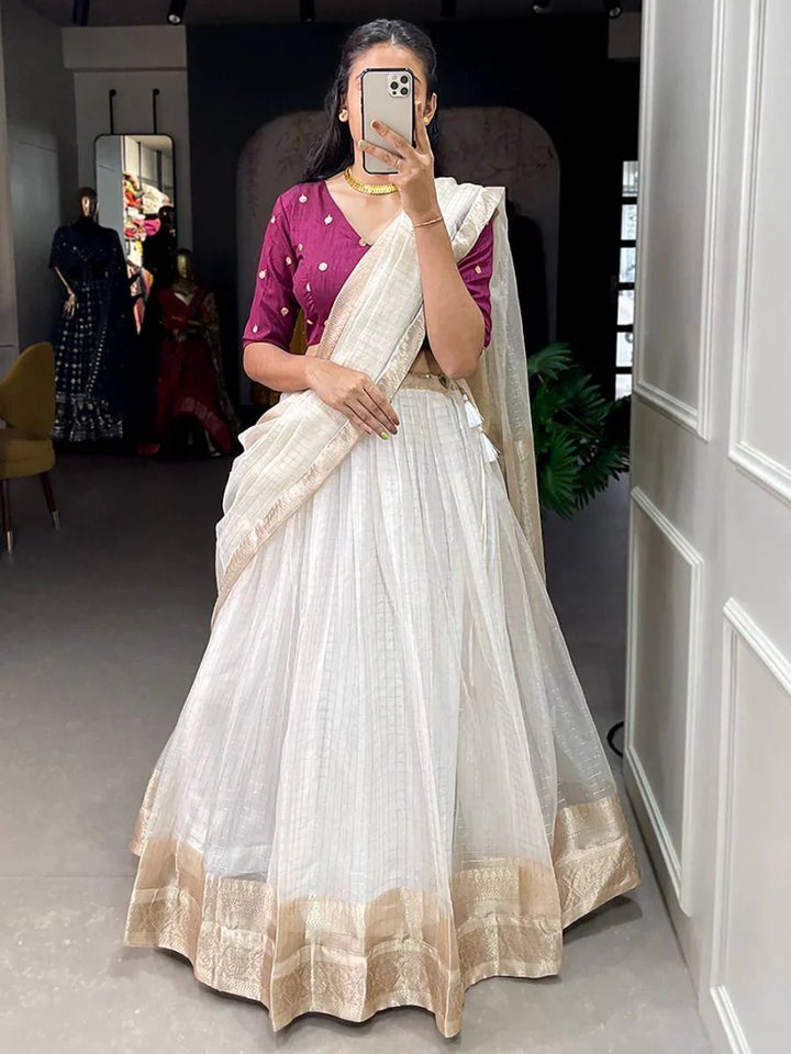 Astonishing White Zari Weaving Organza Wedding Wear Lehenga Choli