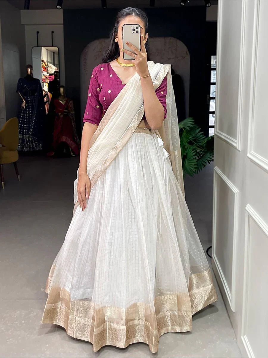 Astonishing White Zari Weaving Organza Wedding Wear Lehenga Choli