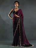 Astonishing Wine Border Work Satin Cocktail Wear Saree - Zeel Clothing