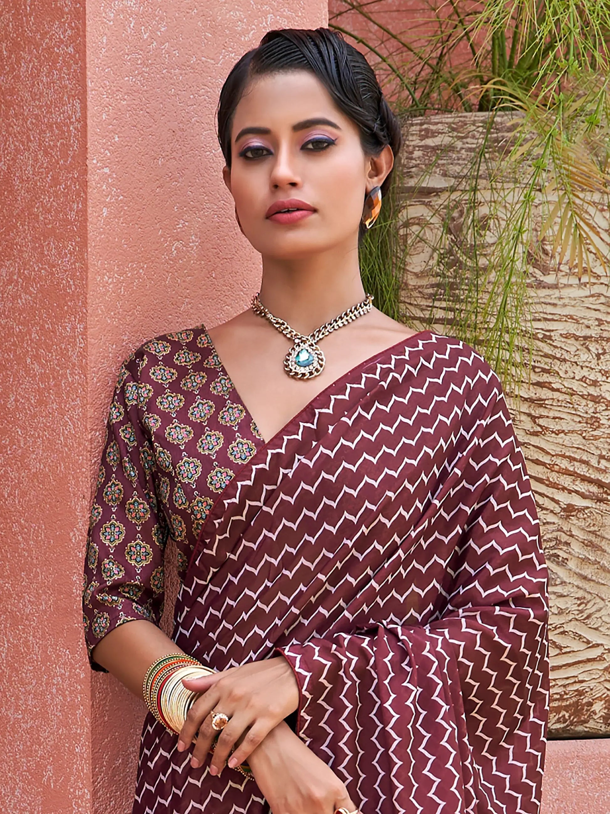 Astonishing Wine Digital Printed Crepe Traditional Saree With Blouse - Zeel Clothing