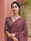 Astonishing Wine Digital Printed Crepe Traditional Saree With Blouse - Zeel Clothing