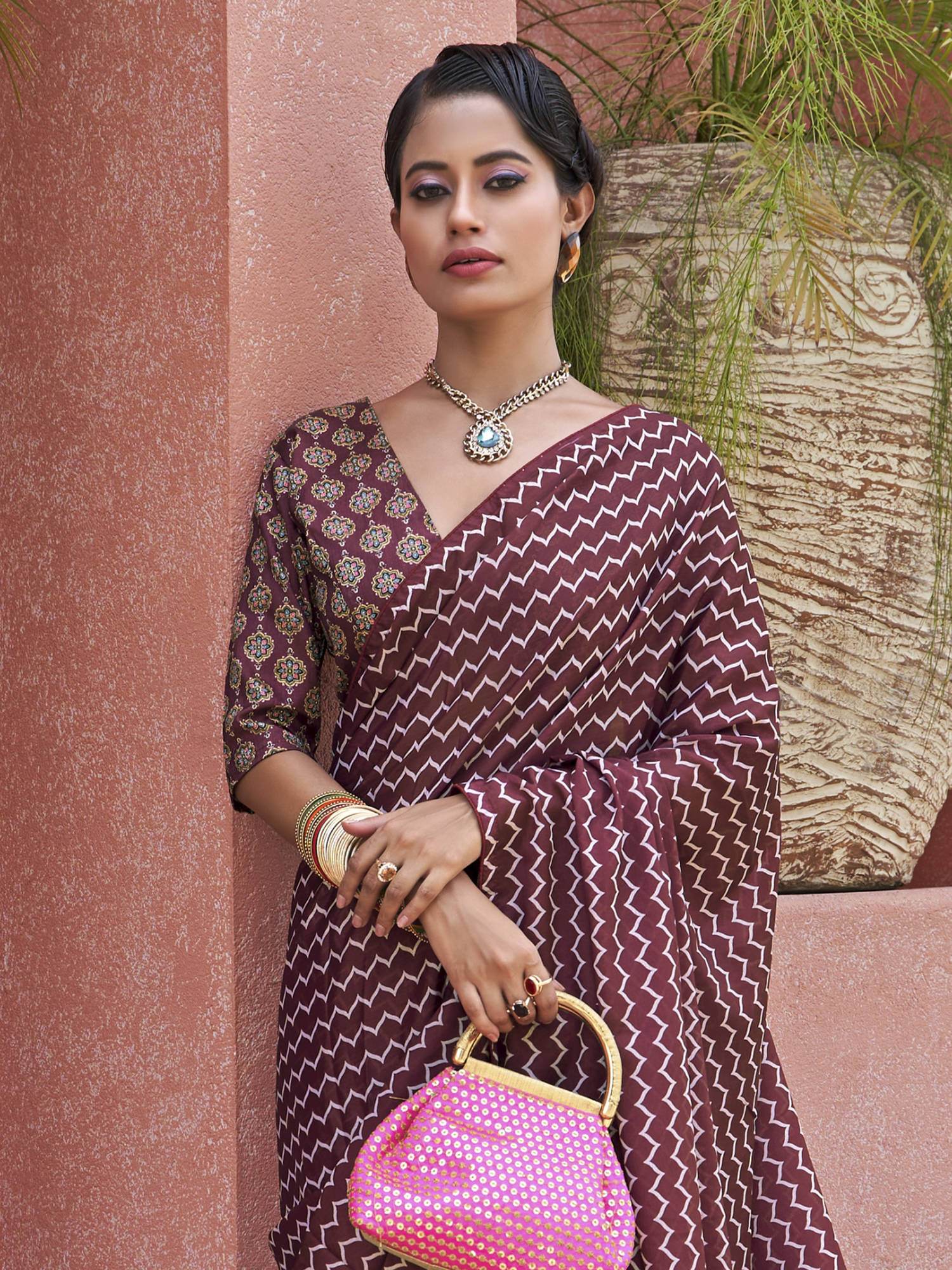 Astonishing Wine Digital Printed Crepe Traditional Saree With Blouse - Zeel Clothing