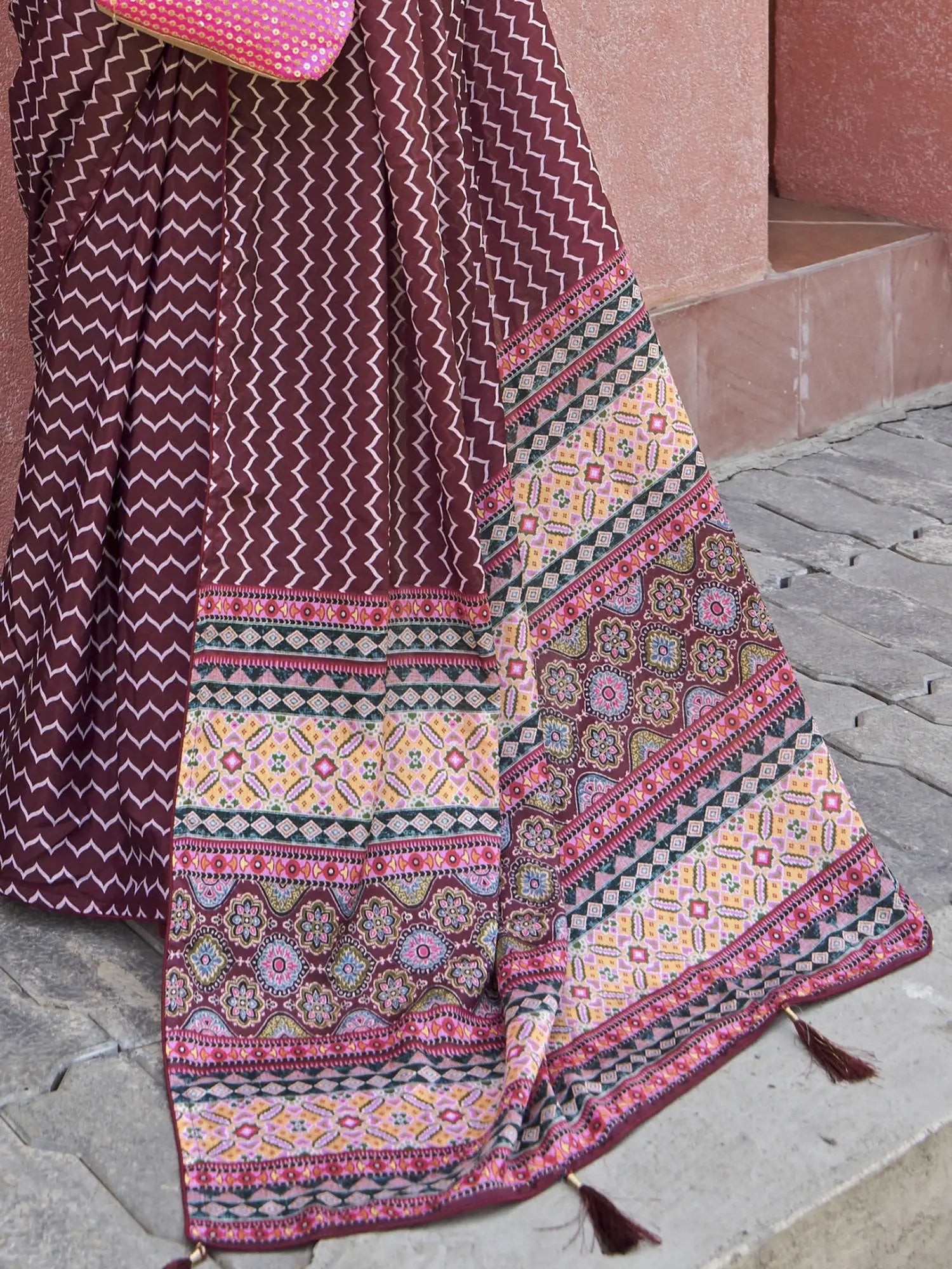 Astonishing Wine Digital Printed Crepe Traditional Saree With Blouse - Zeel Clothing