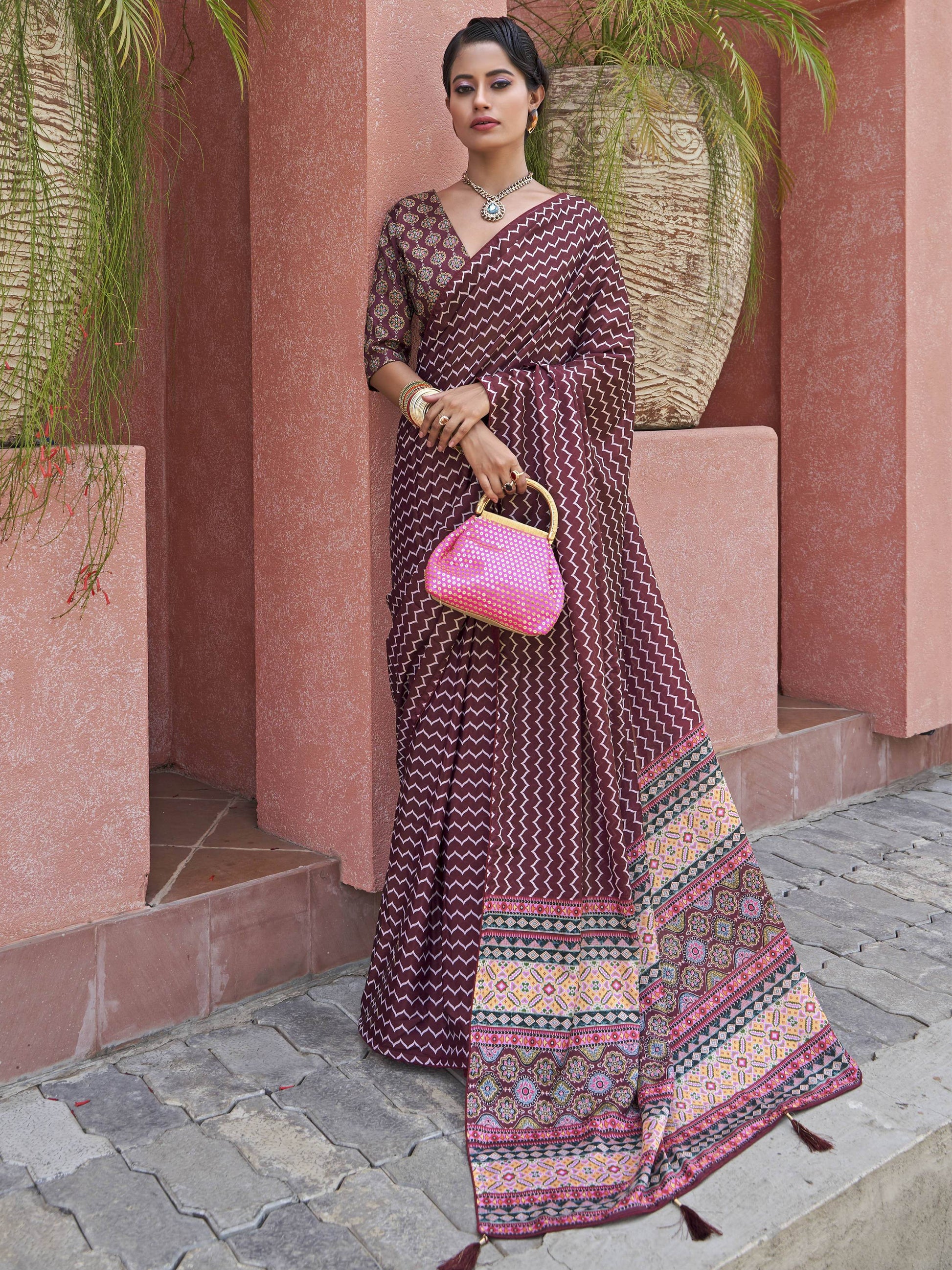 Astonishing Wine Digital Printed Crepe Traditional Saree With Blouse - Zeel Clothing