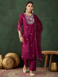 Astonishing Wine Embroidered Silk Event Wear Pant Suit With Dupatta - Zeel Clothing
