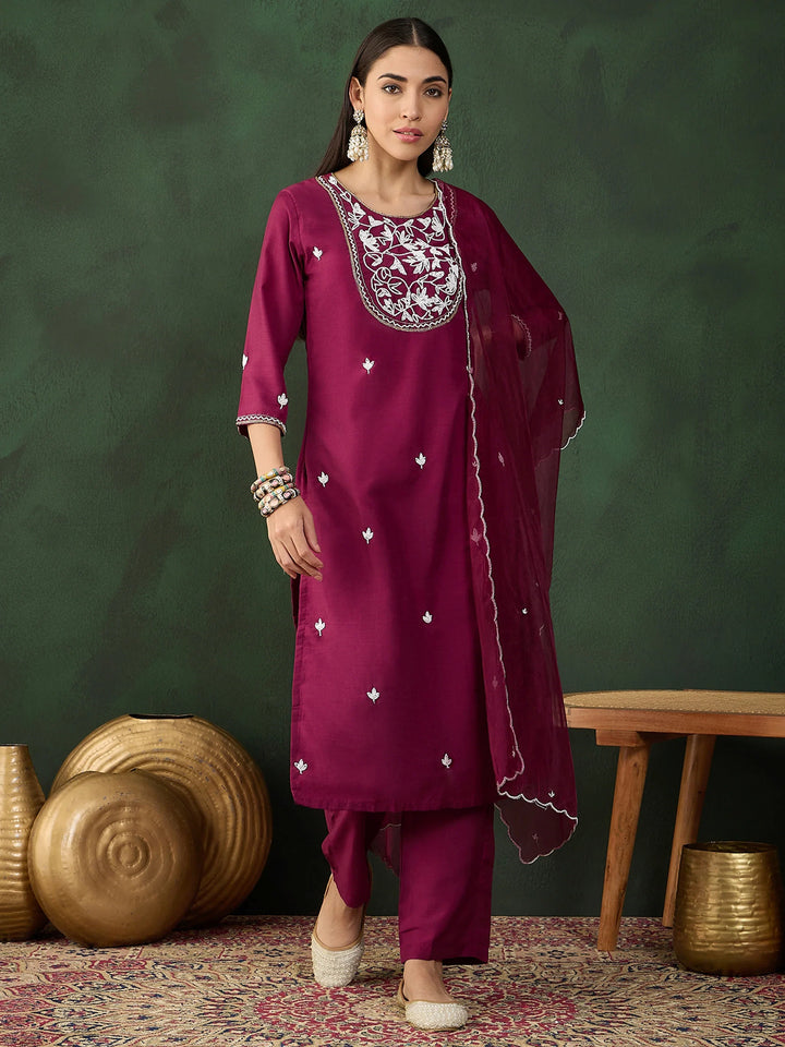 Astonishing Wine Embroidered Silk Event Wear Pant Suit With Dupatta - Zeel Clothing