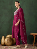Astonishing Wine Embroidered Silk Event Wear Pant Suit With Dupatta - Zeel Clothing