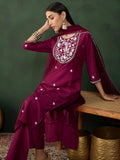 Astonishing Wine Embroidered Silk Event Wear Pant Suit With Dupatta - Zeel Clothing