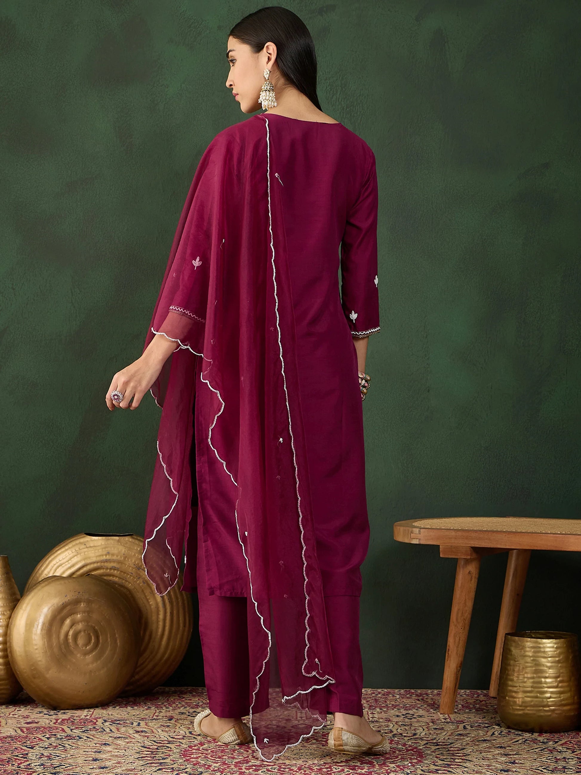 Astonishing Wine Embroidered Silk Event Wear Pant Suit With Dupatta - Zeel Clothing