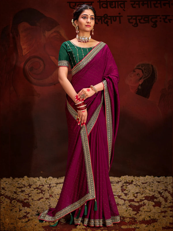 Astonishing Wine Heavy Lace Work Silk Festival Wear Saree With Blouse - Zeel Clothing