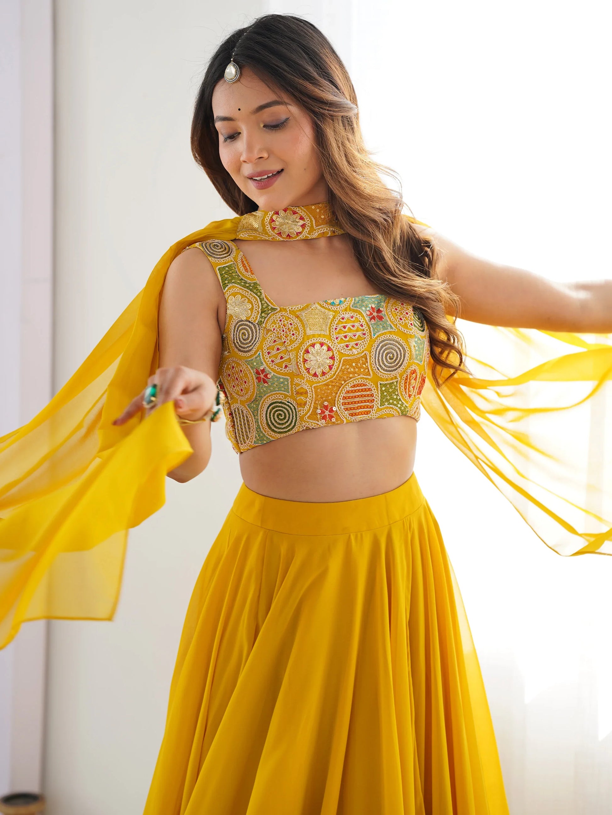 Astonishing Yellow Georgette Haldi Wear Lehenga With Embroidered Choli