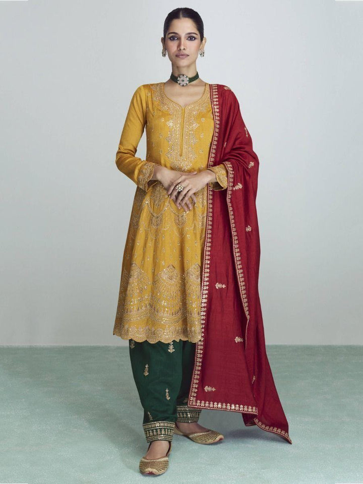 Astonishing Yellow Sequins Silk Festival Wear Salwar Suit With Dupatta