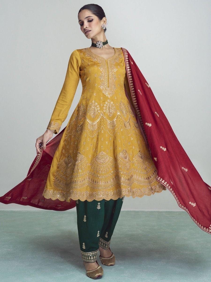 Astonishing Yellow Sequins Silk Festival Wear Salwar Suit With Dupatta