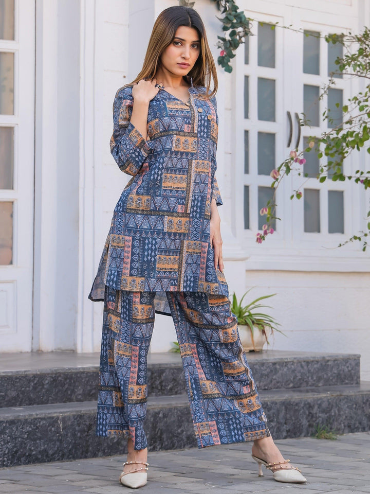 Astounding Blue Digital Printed Cotton Top Palazzo Co-Ord Set