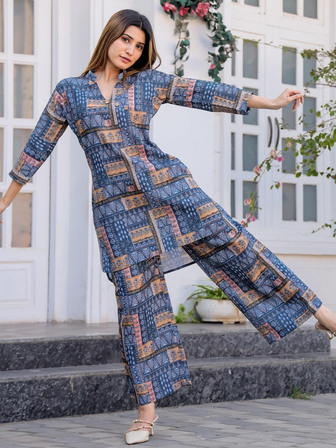 Astounding Blue Digital Printed Cotton Top Palazzo Co-Ord Set