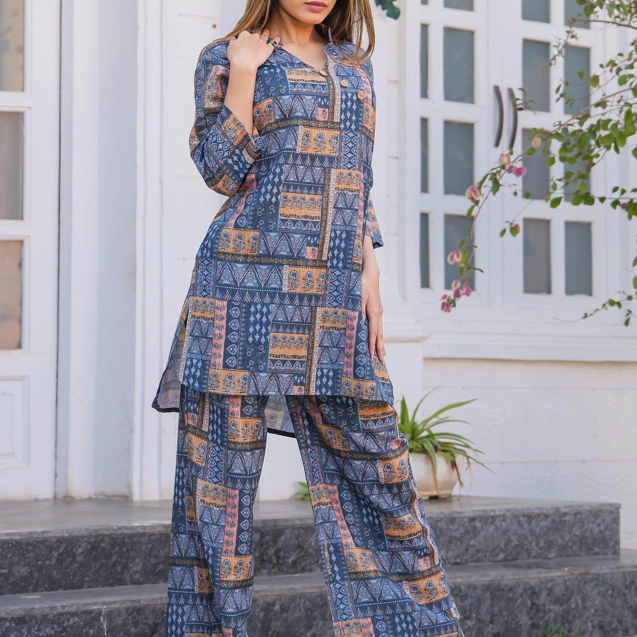 Astounding Blue Digital Printed Cotton Top Palazzo Co-Ord Set - Zeel Clothing