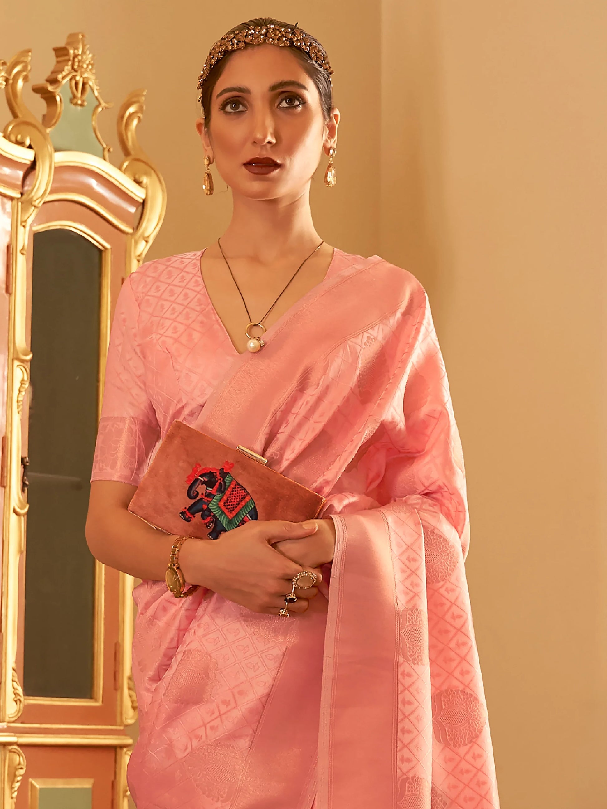 Astounding Peach Zari Woven Silk Reception Wear Saree With Blouse - Zeel Clothing