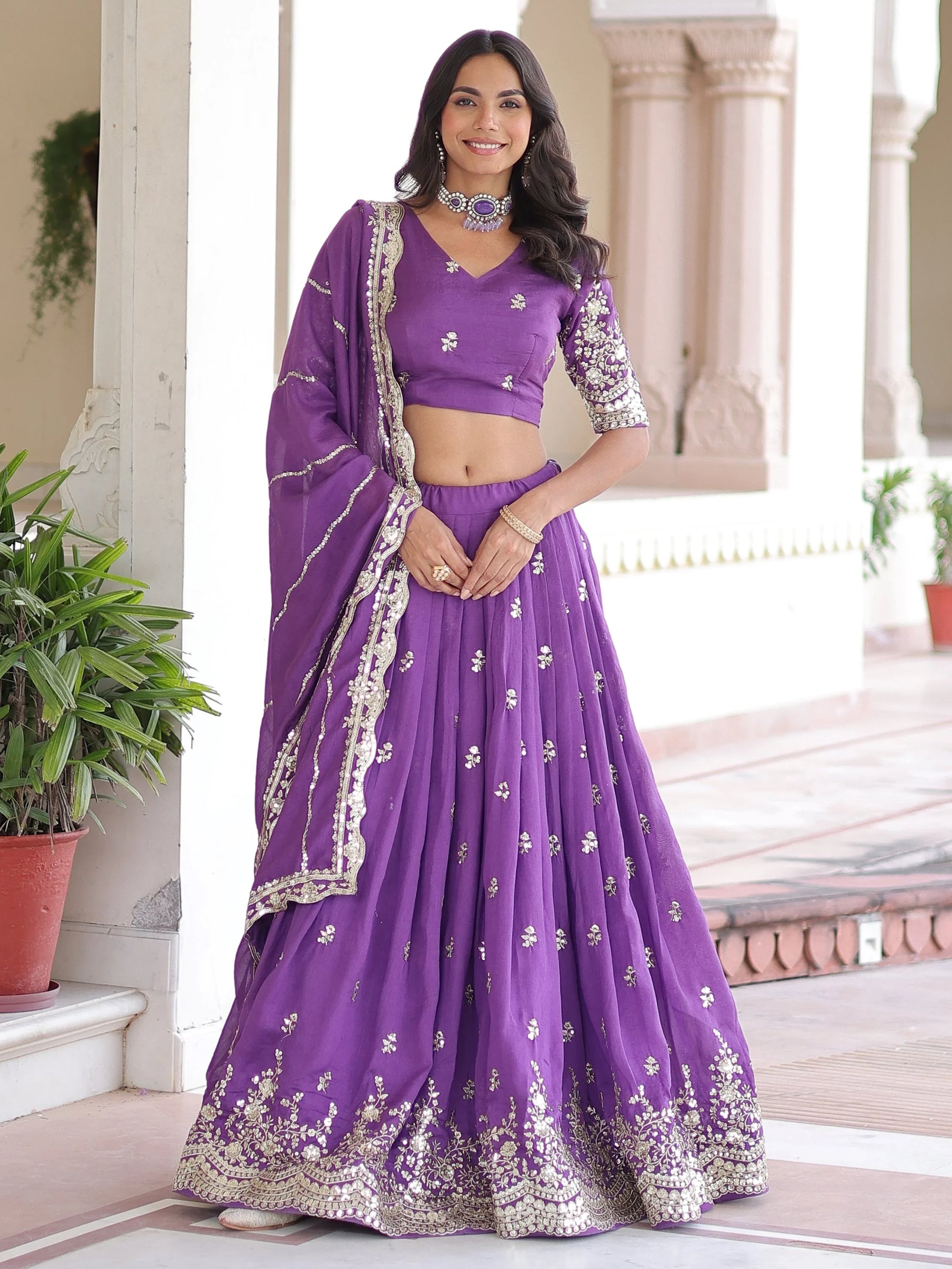 Astounding Purple Sequins Silk Designer Lehenga Choli With Dupatta