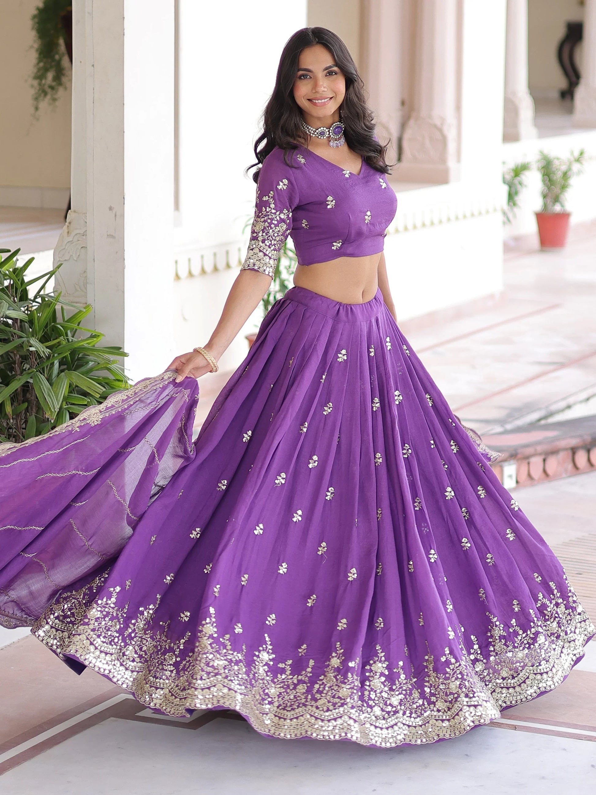 Astounding Purple Sequins Silk Designer Lehenga Choli With Dupatta