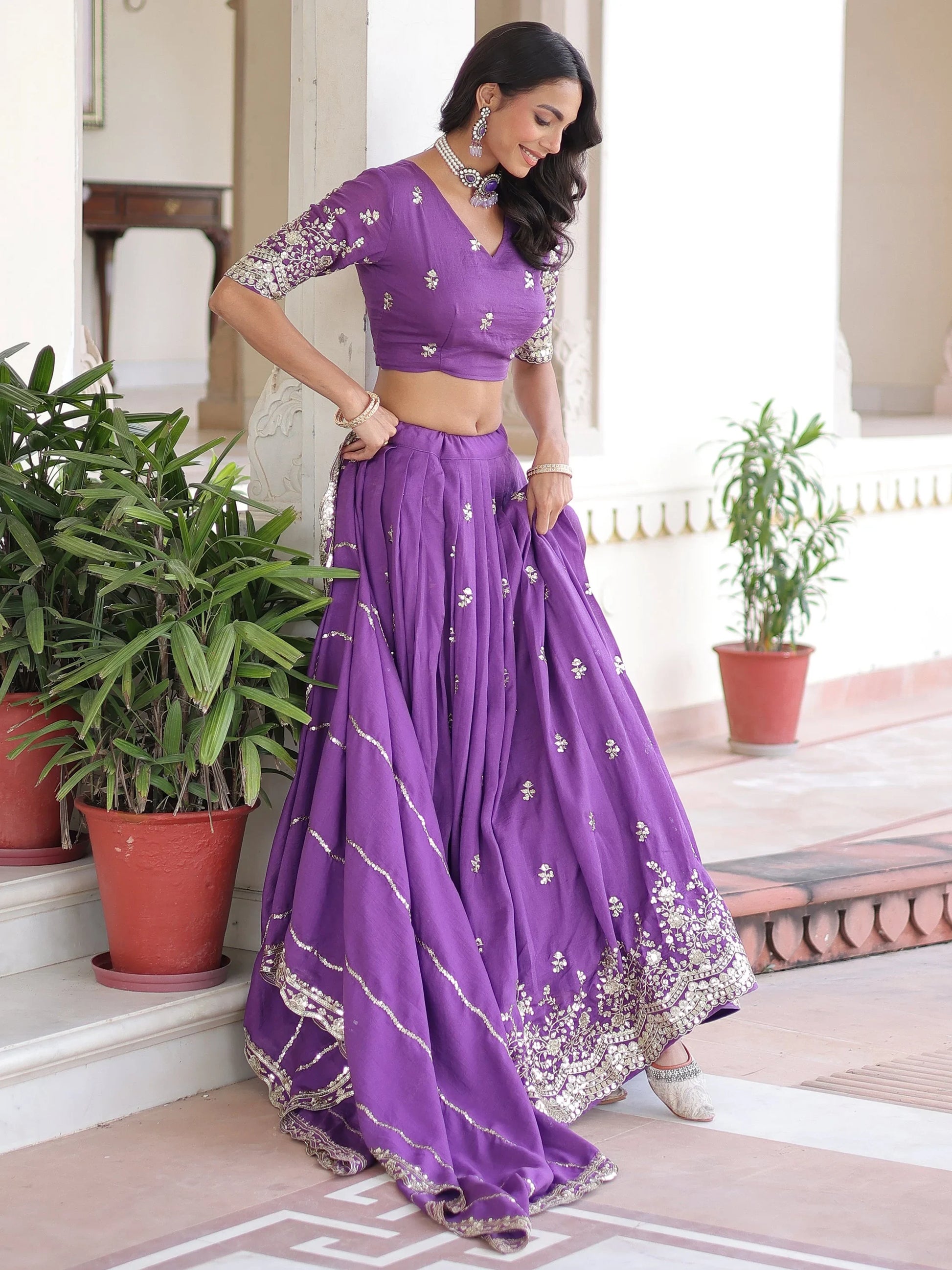 Astounding Purple Sequins Silk Designer Lehenga Choli With Dupatta