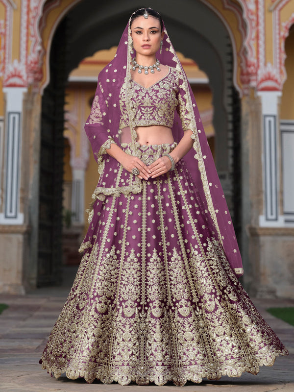 Astounding Purple Zari Embroidery Net Reception Wear Lehenga With Blouse