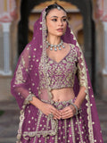 Astounding Purple Zari Embroidery Net Reception Wear Lehenga With Blouse