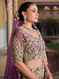 Astounding Purple Zari Embroidery Net Reception Wear Lehenga With Blouse