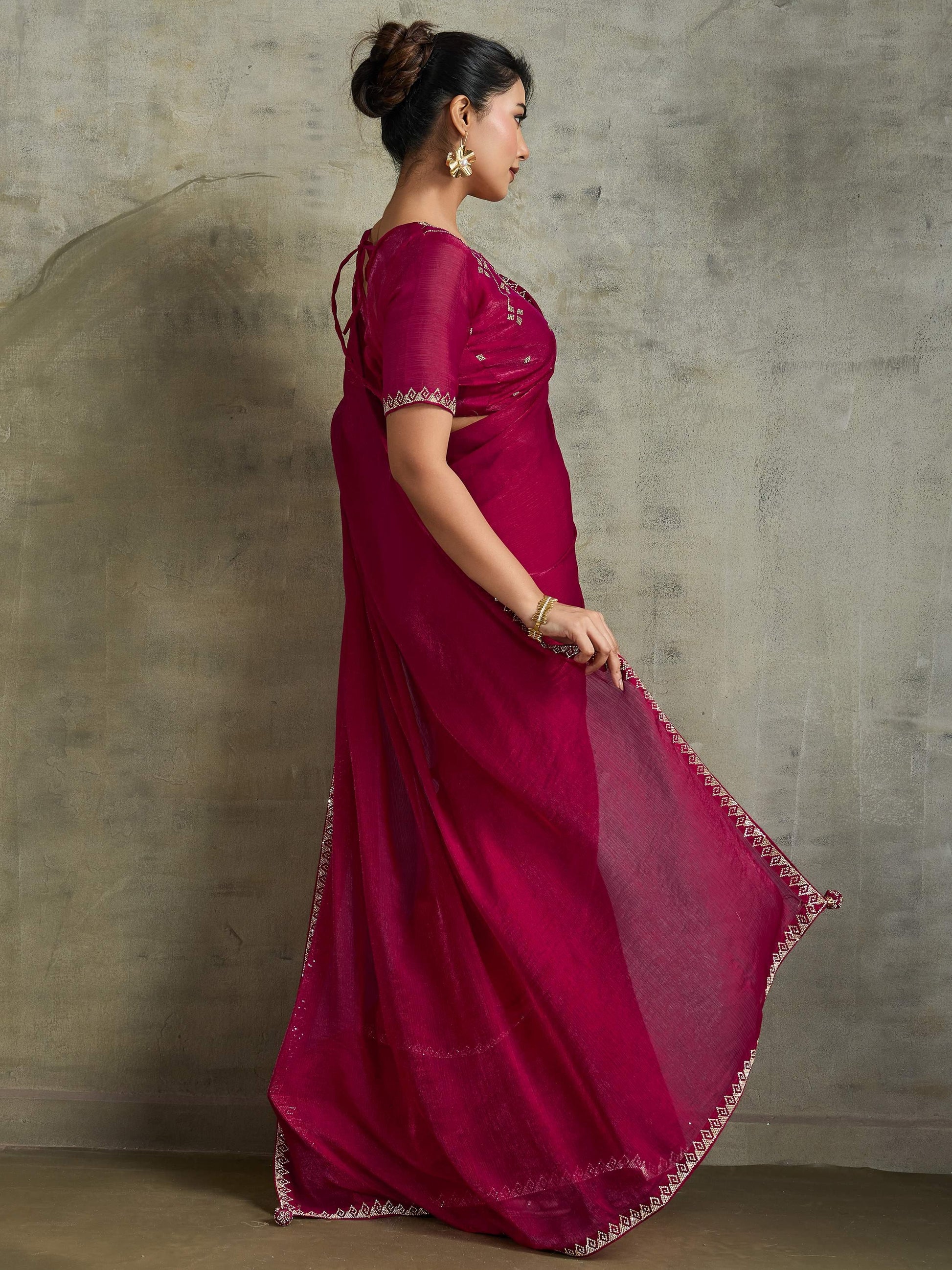 Astounding Rani Pink Jarkan Work Chiffon Wedding Wear Saree With Blouse