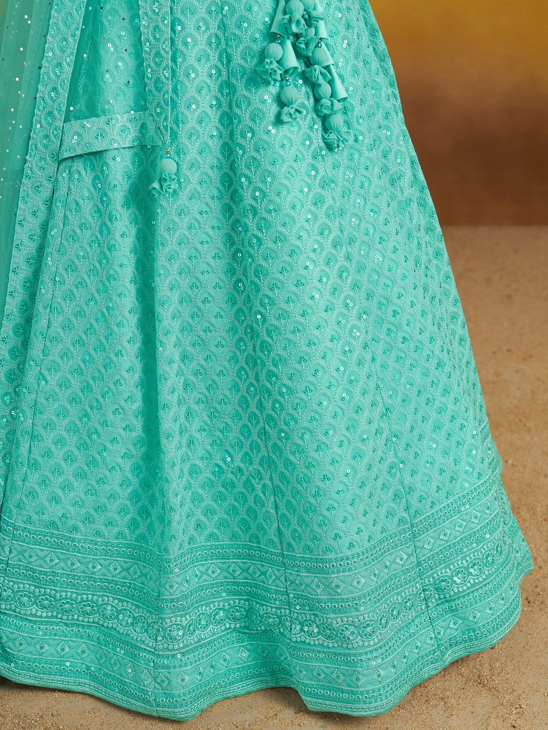 Astounding Sky-Blue Sequins Georgette Engagement Wear Lehenga Choli - Zeel Clothing