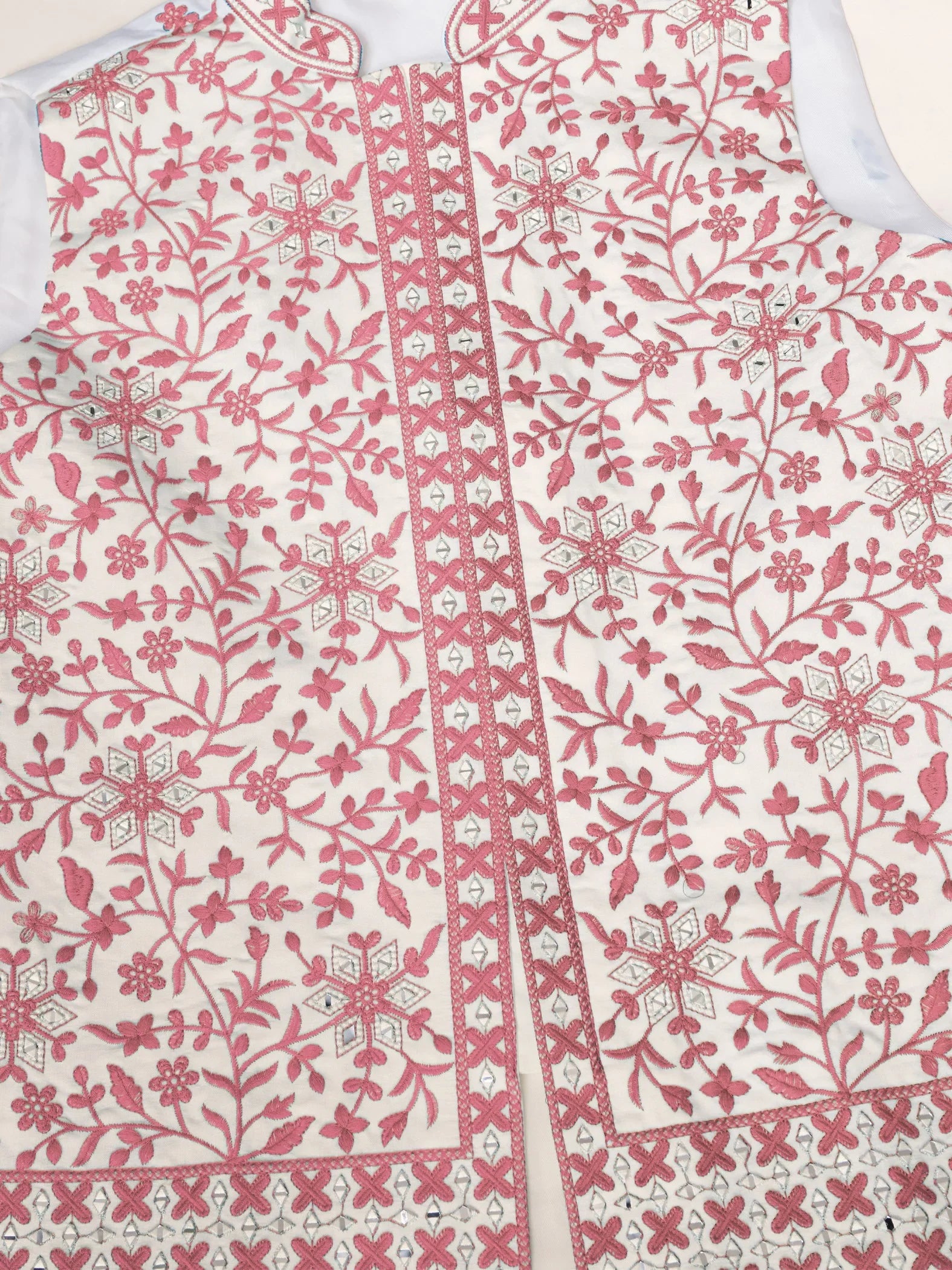 Astounding White Mirror Work Silk Men Kurta With Pant And Pink Jacket