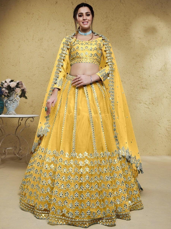 Astounding Yellow Foil Work Net Function Wear Lehenga Choli